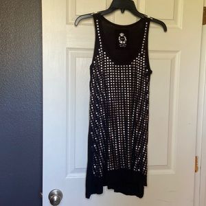 Tissue by Cino brand. Black with metallic, geometric squares. Size S